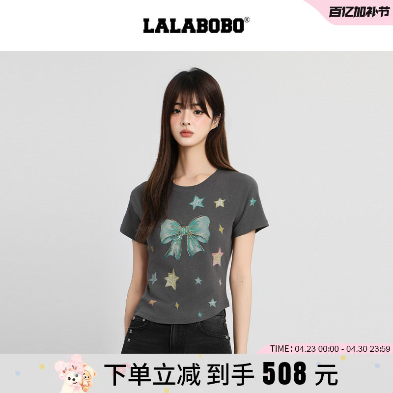 【商场同款】LALABOBO25年夏新款修身短袖蝴蝶结印花圆领灰色T恤