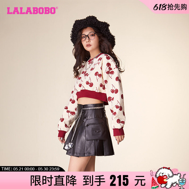 【汤梦佳同款】LALABOBO2024春新复古甜美樱桃满印加绒套头卫衣女