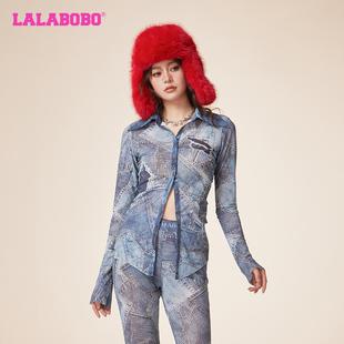 LBDA T恤 WSDT13 LALABOBO24春休闲废土风网纱翻领长袖 张慧贤同款
