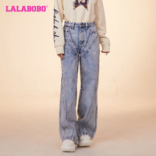 LBDA LALABOBO24春季 女 宽松手工涂银高腰拼接线牛仔裤 WXZC16 新款