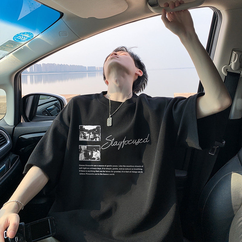 美式复古黑色纯棉重磅短袖t恤男款夏季潮流潮牌宽松大码男生上衣