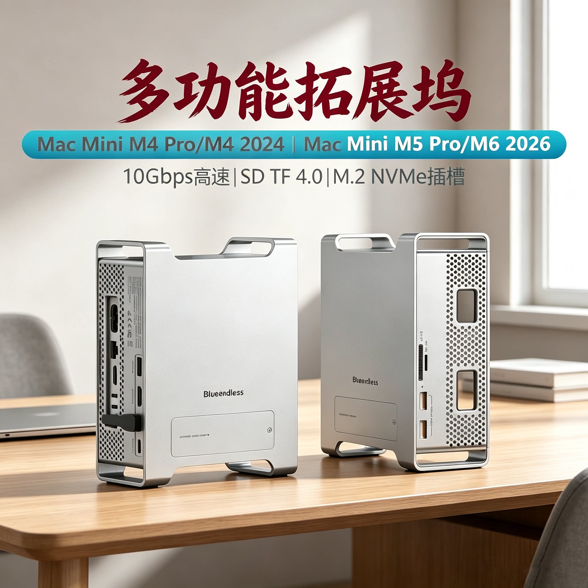 mac mini M5 Pro迷你机箱hdmi拓展坞M6立式支架M4硬盘盒HUB铝合金