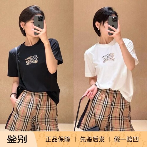 博柏利女款战马标刺绣格纹T恤