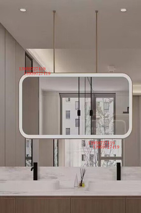 创意双挂杆圆角长方形带灯发光浴室镜智能悬空吊镜酒店卫生间镜子