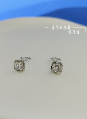s925纯银耳钉女2026年新款潮小众轻奢设计感养耳洞正方形耳环耳饰