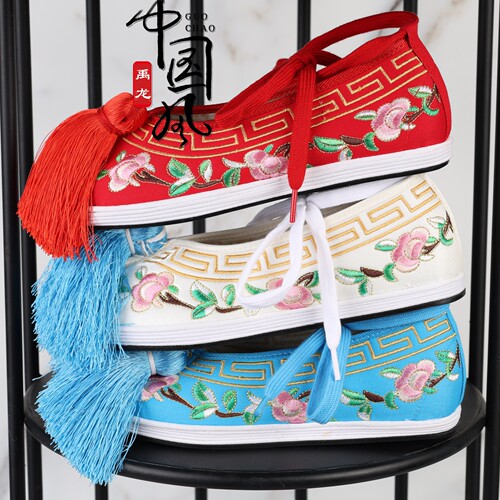 戏曲鞋花旦古装汉服影视京剧越剧青衣秀禾鞋小姐平底绣花布底彩鞋