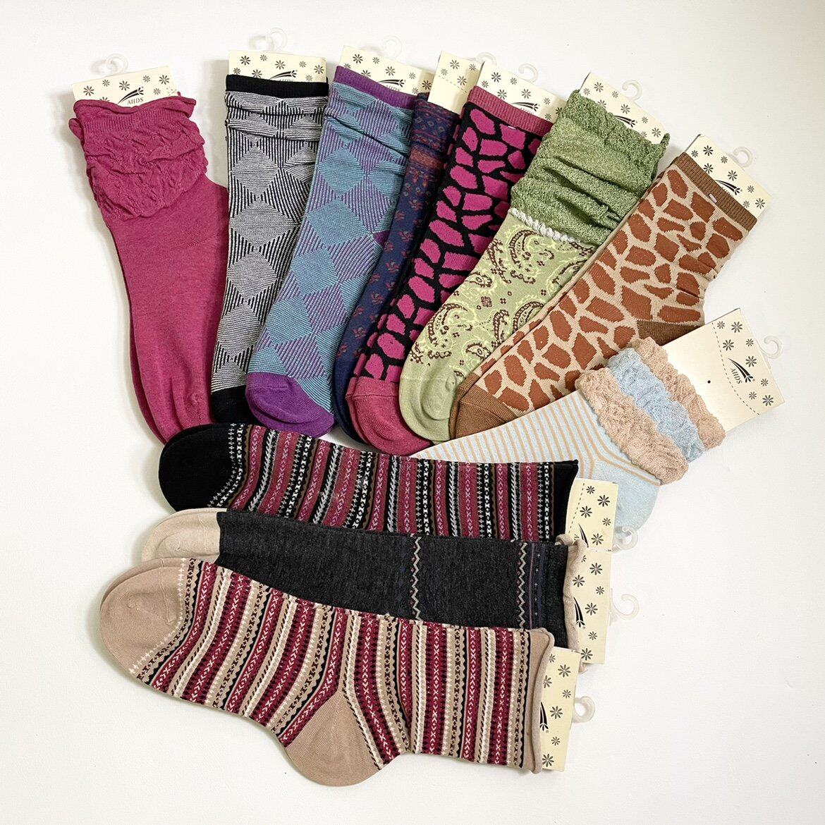 好看的袜子小众复古拼接花花女中筒袜堆堆袜