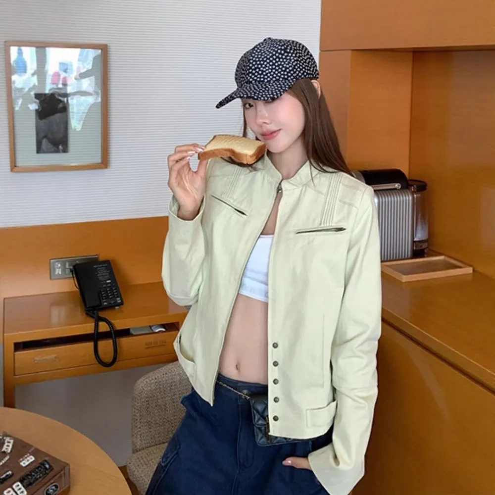 美式复古休闲立领外套女2025秋季新款修身显瘦工装拉链机车服夹克