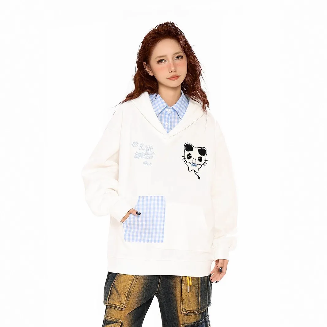 原创可爱猫咪刺绣假两件连帽卫衣女2025秋冬新款宽松休闲情侣上衣