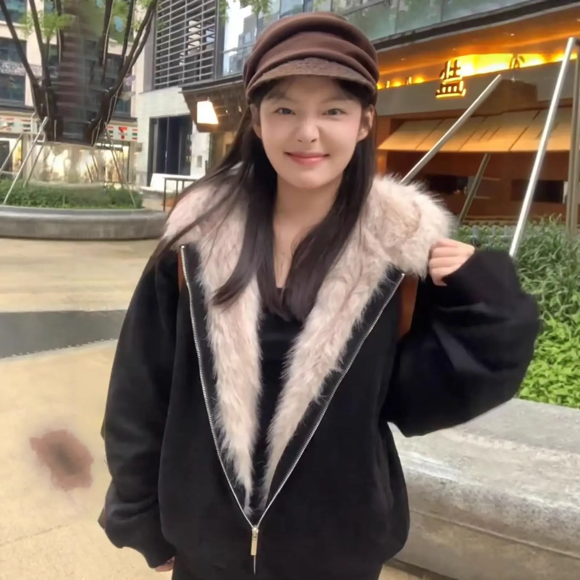 美式国潮座山雕羊羔毛棉服女冬季cleanfit高级感情侣加厚夹克外套