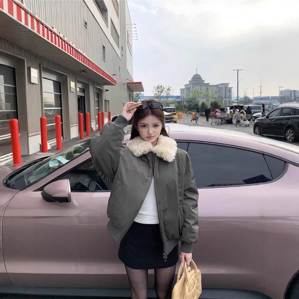 橄榄绿复古毛领长袖棉服外套女秋季双拉链夹克开衫设计感美式上衣