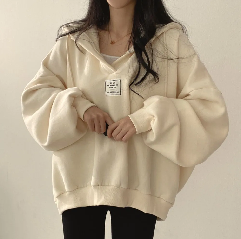韩国chic秋冬bf慵懒风蝙蝠袖宽松百搭V领连帽上衣套头卫衣外套女