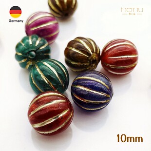 德国制造 约10mm复古描金双孔树脂条纹南瓜珠耳环项链diy饰品配件