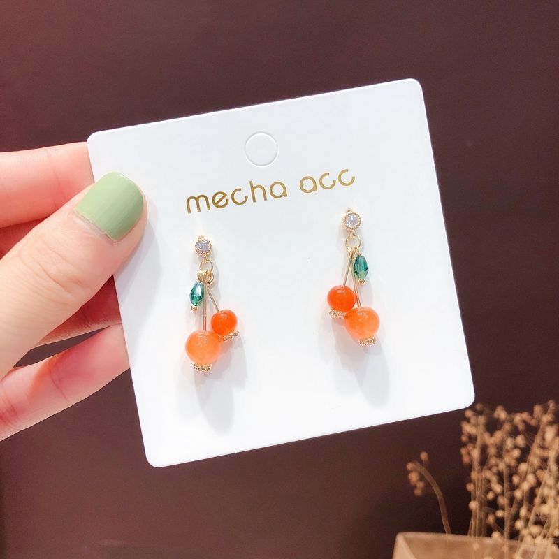 S925银针甜美小清新时尚气质水晶樱桃耳钉女小巧精致淑女风耳环