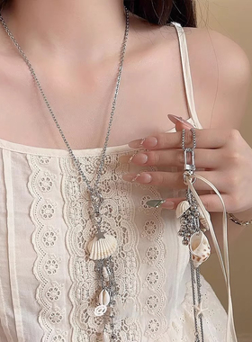 夏日度假风串珠贝壳海螺吊坠项链女2025年新款小众设计长款毛衣链