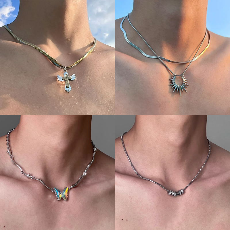 双层蛇骨叠戴金银十字架项链男百搭高级感简约时尚钛钢锁骨链配饰