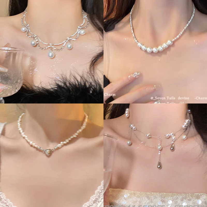 温柔气质山茶花珍珠项链女小众设计流苏颈链高级感轻奢婚礼锁骨链