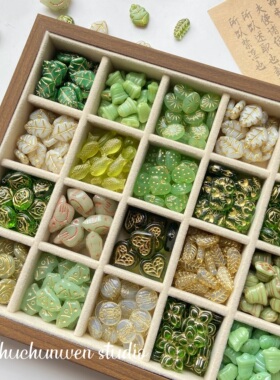 小清新绿色系国产捷克琉璃小鸟铃铛手作树叶描金diy手链材料配件