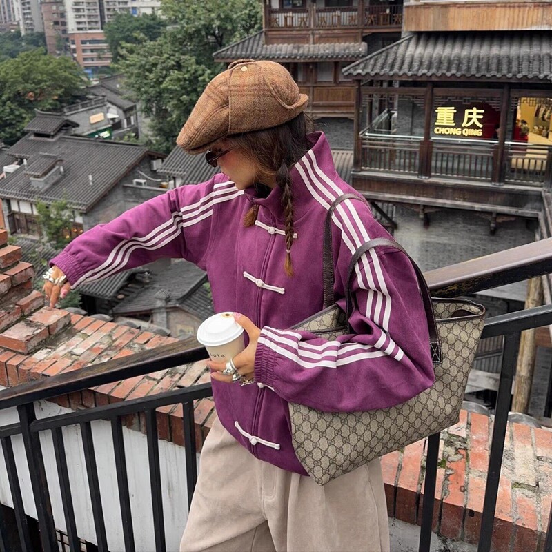 王安宇同款情侣款新中式盘扣立领麂皮绒夹克男女同款唐装外套潮