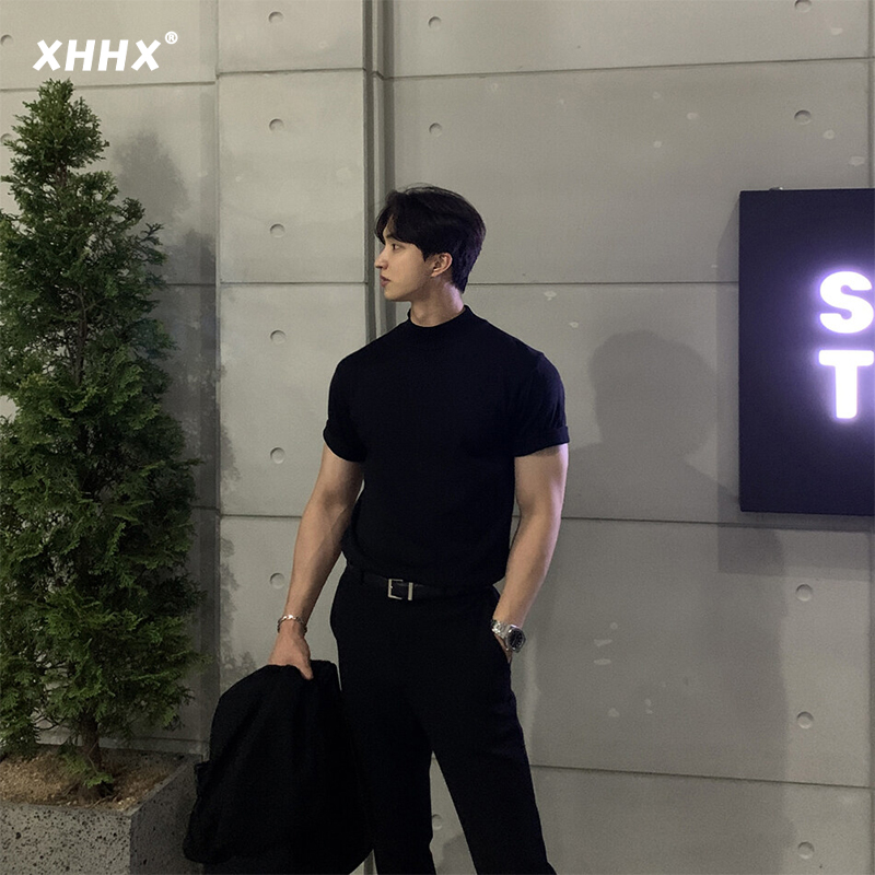黑色正肩短袖t恤男夏季英伦雅痞男装重磅修身纯棉健身休闲五分袖