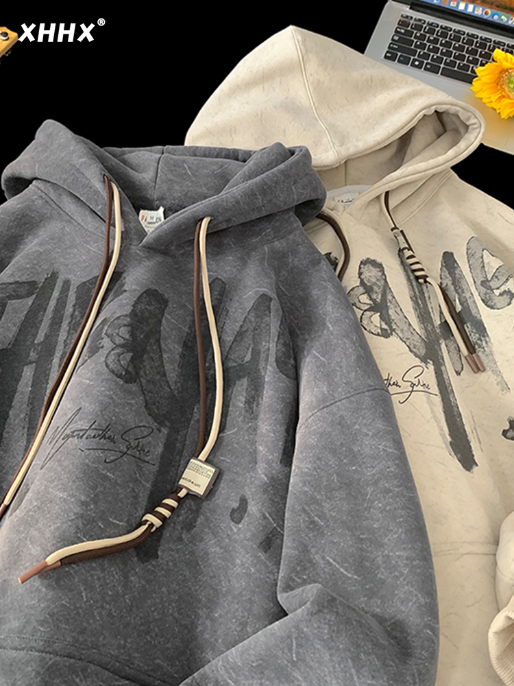 高品质涂鸦砂洗做旧连帽卫衣男生2025春秋季新款潮流宽松休闲外套