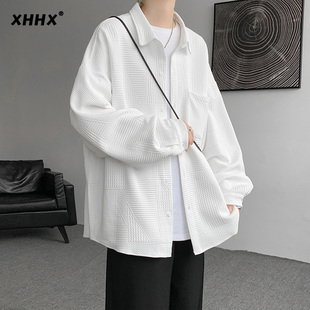 潮牌秋季 白色衬衫 男长袖 高级感2023新款 潮流保暖衣服休闲衬衣外套