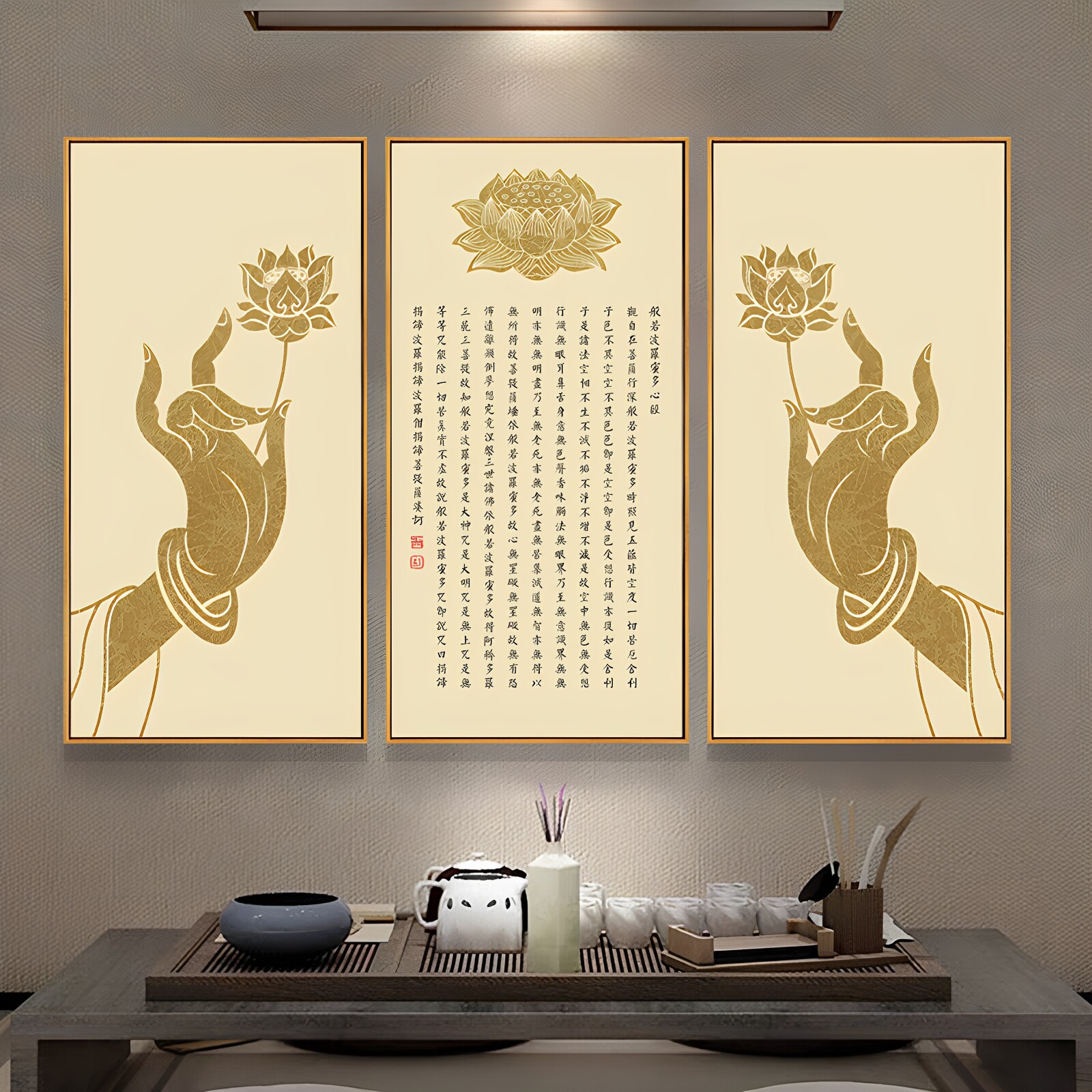 佛系挂画仙家堂口佛龛背景墙画客厅字画佛手墙壁画莲花心经装饰画