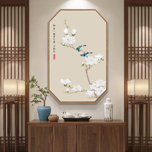 新中式花鸟画八边形茶室餐厅挂画