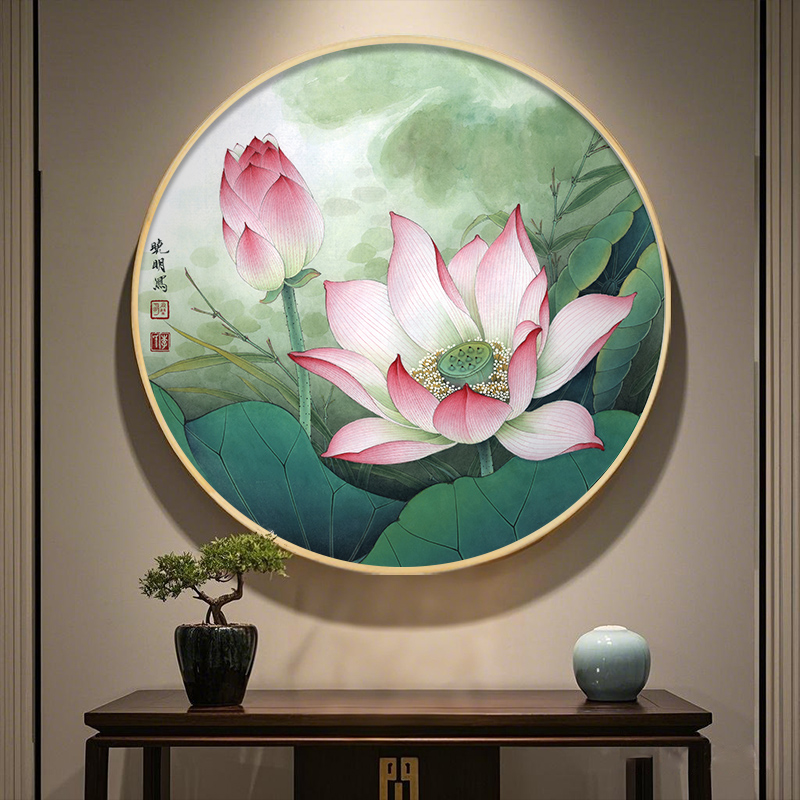 荷花装饰画餐厅新中式挂画客厅玄关背景墙画禅意莲花圆形壁画网红图片