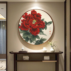 牡丹花挂画客厅装饰画玄关卧室床头背景圆形新中式壁画花开富贵图