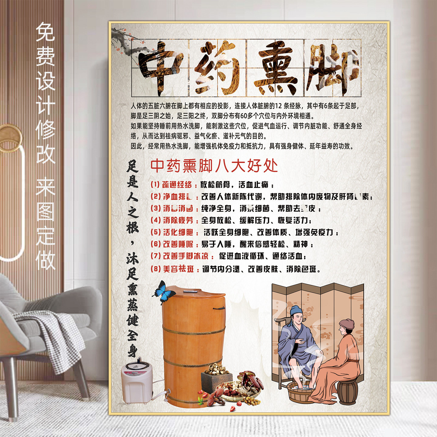 中药熏脚海报腿脚熏蒸挂画汗蒸广告宣传透皮蒸疗图片足疗店装饰画