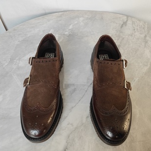 撤柜袋鼠皮反绒磨砂超轻发泡耐磨底春秋休闲高级双排扣孟克男皮鞋