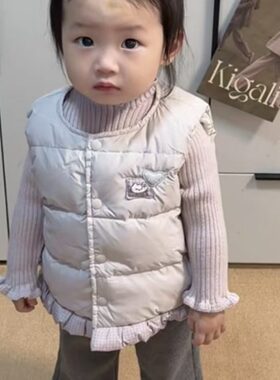 女童花边羽绒马甲三件套秋冬新款婴童保暖背心女宝宝毛衣裤子套装