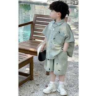 男童夏季套装2026新款牛仔短袖衬衫宝宝帅气夏装中小儿童时髦衬衣