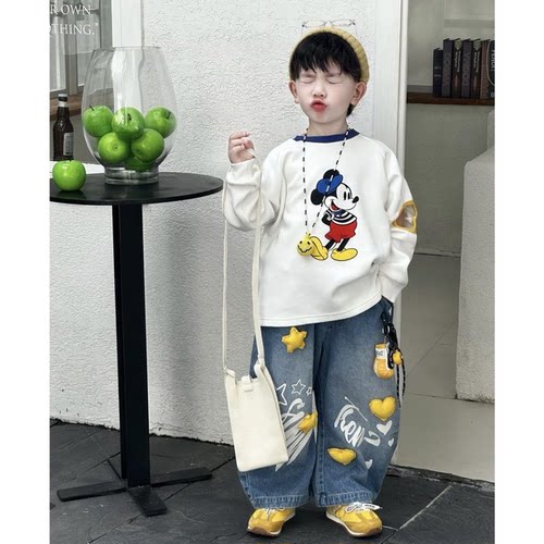 儿童春季套装2026新款男宝宝米奇长袖印花卫衣牛仔立体爱心长裤潮