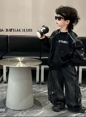 儿童2026春款套头纯色字母韩版单排扣拼色卫衣秋冬男童皮衣两件套