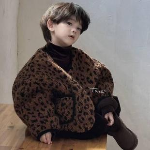 男童韩国童装儿童复古中性洋气女童时尚豹纹加绒加厚宝宝棉服外套