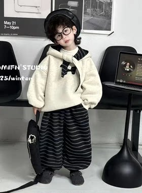 儿童冬季加绒加厚三件套2026新款韩版洋气宝宝帽子卫衣裤子三件套