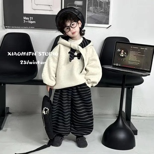 儿童冬季加绒加厚三件套2025新款韩版洋气宝宝帽子卫衣裤子三件套