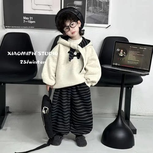儿童冬季加绒加厚三件套2026新款韩版洋气宝宝帽子卫衣裤子三件套
