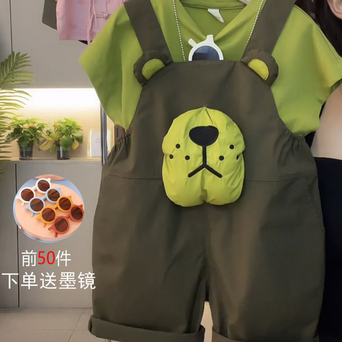 男女宝宝夏季可爱套装2026新款韩版儿童夏款卡通洋气短袖背带裤潮