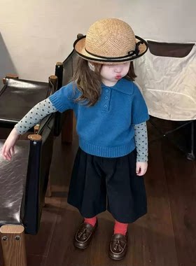女童秋季套装26新款韩版宝宝洋气叠穿蓝色翻领针织短袖灯芯绒裤子