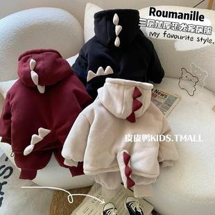 宝宝家居服冬季韩版男童冬装三层夹棉加厚睡衣男孩冬款保暖两件套