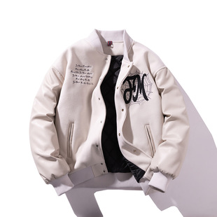 新款呢子拼皮夹克秋冬季保暖棒球服男贴布刺绣夹棉加厚夹棉外套潮