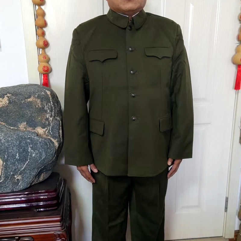 90年代马裤呢中山装中老年爸爸带肩眼肩袢中山服毛料55马裤呢套装