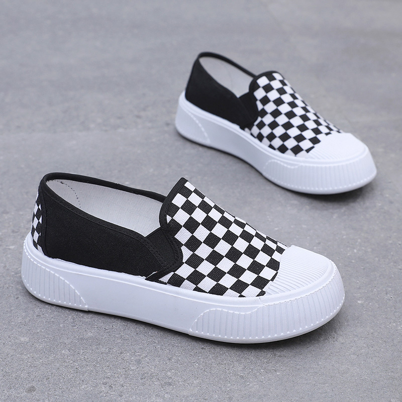 帆布鞋女单鞋春夏时尚百搭休闲舒适黑白格子一脚蹬懒人鞋学生鞋女