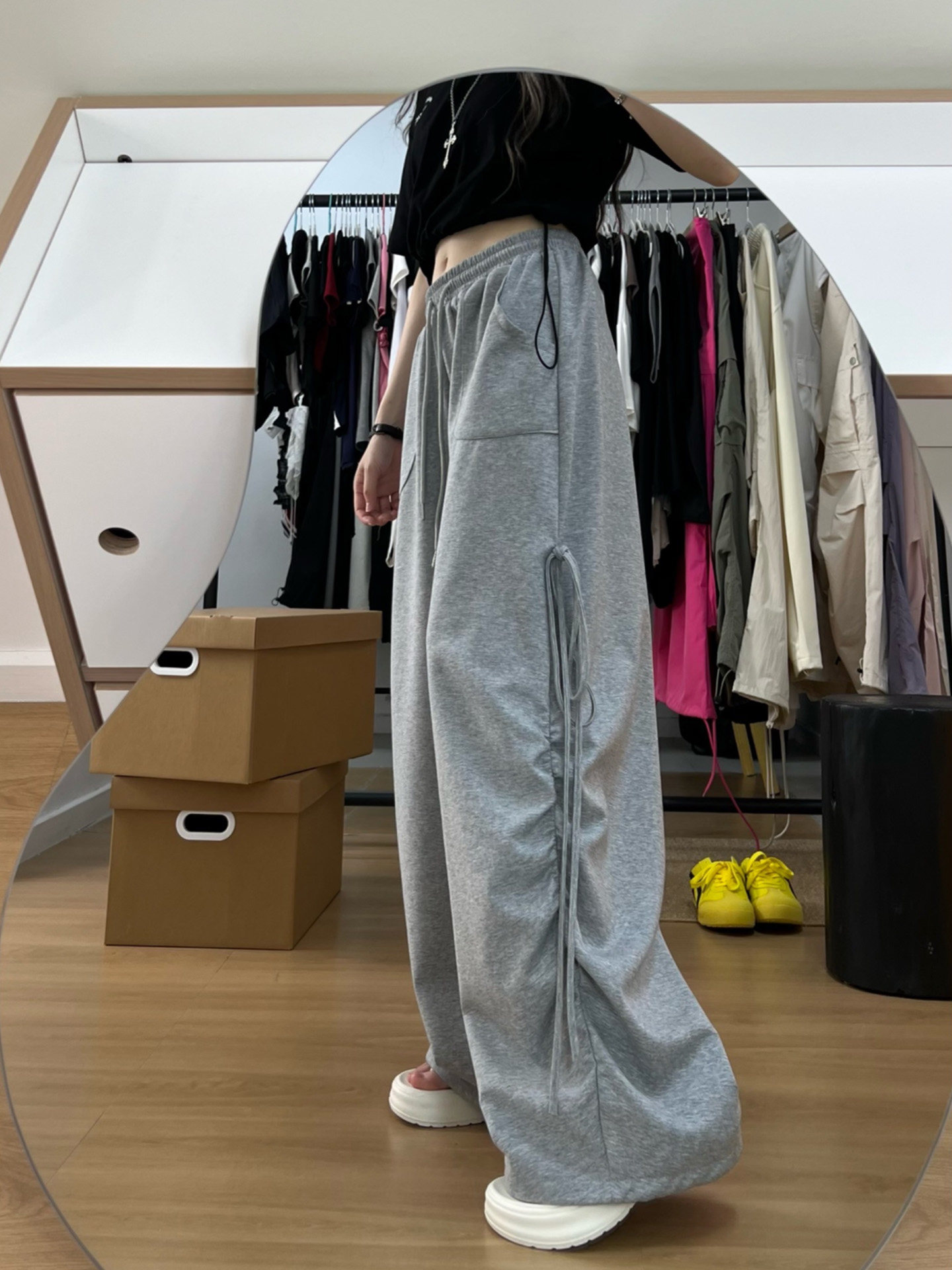 Gray American-Style Workwear Wide-Leg Casual Pants for Women, New Autumn Plus-Size High-Waisted Slimming Loose Sports Sweatpants