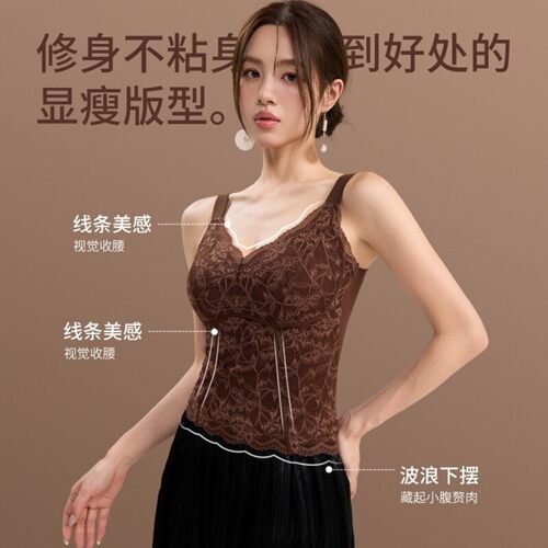新款法式蕾丝吊带背心女内搭外穿带胸垫一体式美背文胸打底上衣