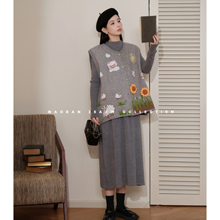 伊兰牧场 新百搭马甲连衣裙套装 娜娜 秋季 孕期穿搭孕妇装 猫单