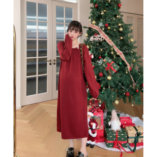 秋冬红色针织连衣裙中长款 孕期穿搭孕妇装 娜娜 冬季 织梦时光